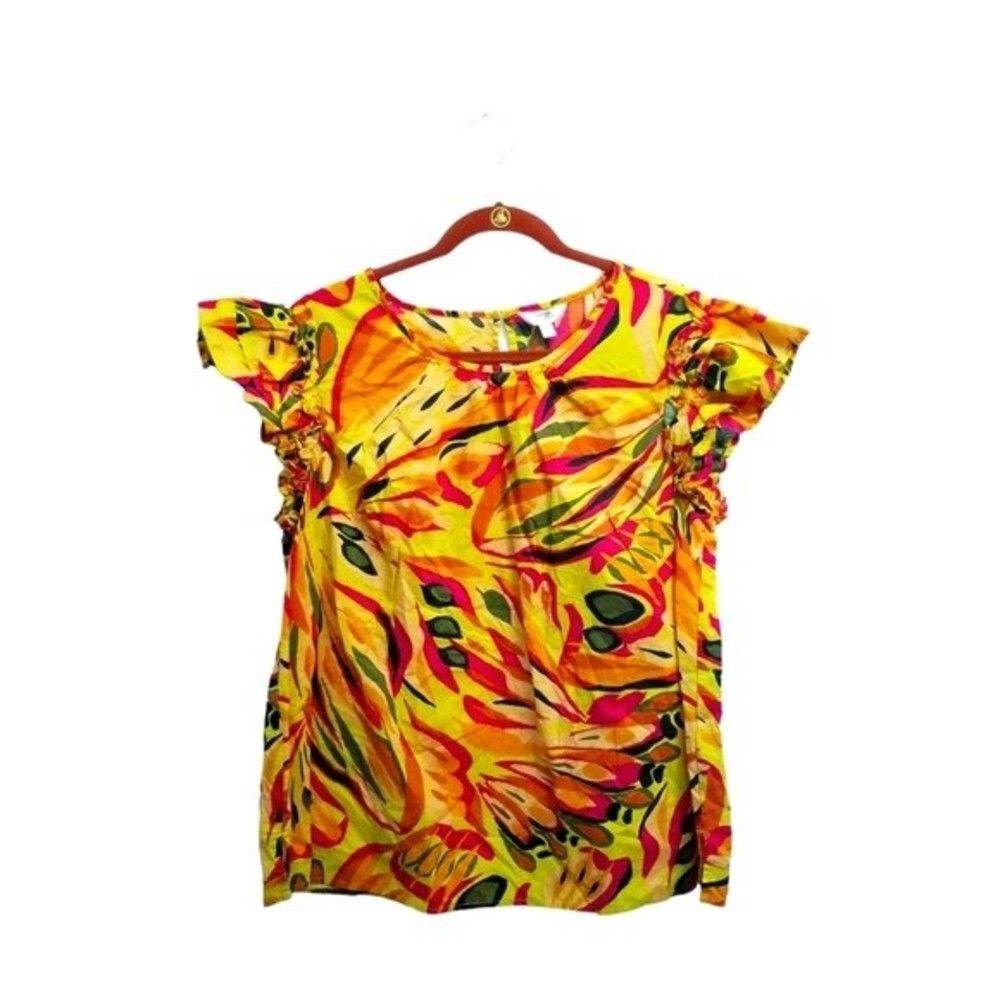 Terra & Sky Ruffle Sleeve Tropical Print Top Size 0X. 1 0192